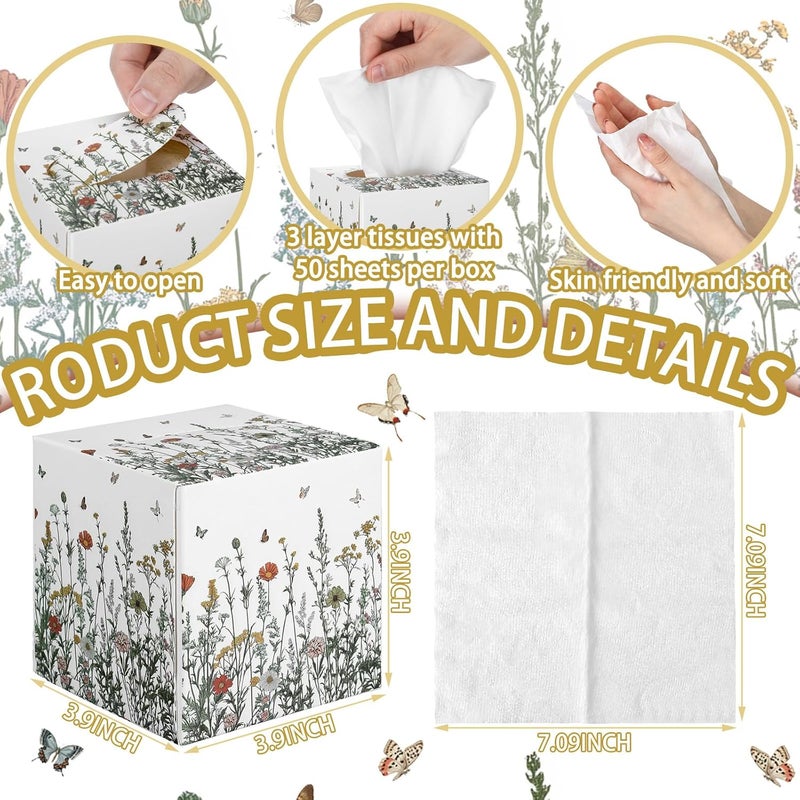Fourluoo 12 Pack Fall Floral Facial Tissues Cube Boxes 600 Sheets 3 Ply Small Square Wildflower Face Tissues Bulk for Autumn Christmas Car Bedroom Supplies - Image 3